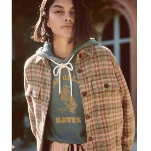 THE GREAT | NWT the state park shirt jacket in army & peach plaid - Picture 1 of 16